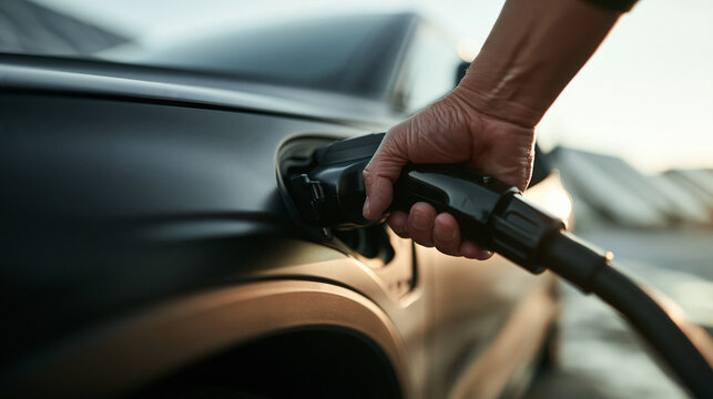 Hand Plugging Cable Charger into Electric Car Close Up