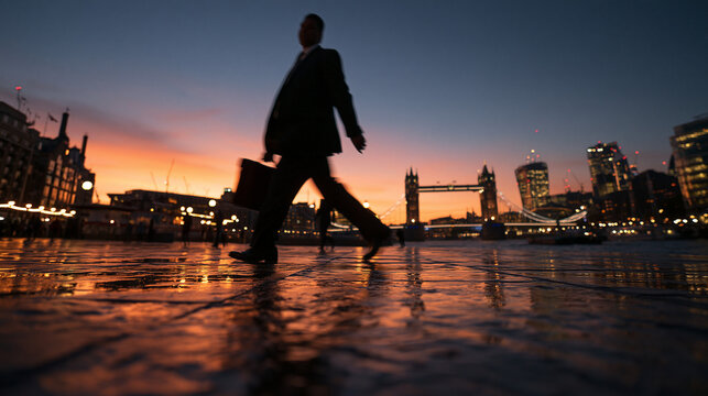 Businessman Walking in London City Against Tower Bridge Sunset