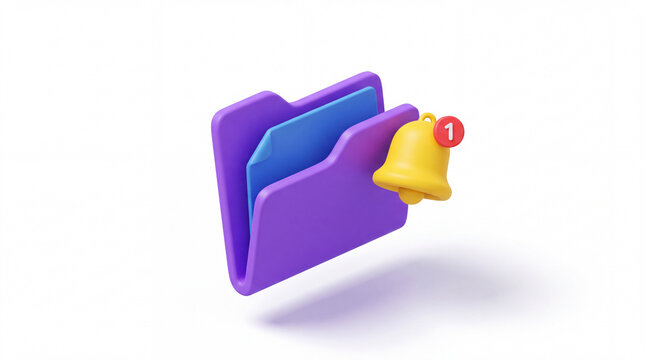 A 3D illustration of a purple folder with a notification bell icon