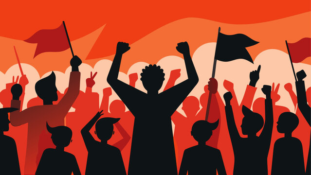 A group of people raising their hands in unity against a sunset sky