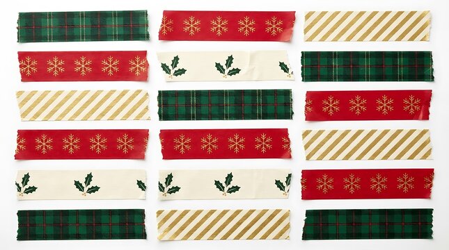 Assorted Christmas Washi Tape Strips Arranged in a Grid
