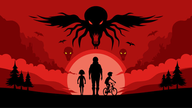 A group of silhouettes standing under a giant spider at sunset