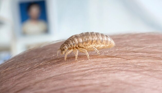 Closeup macro photography of a head louse crawling on human skin scalp
