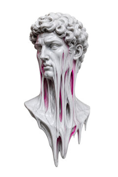 Melting white classical statue head with pink liquid detail, surreal marble bust