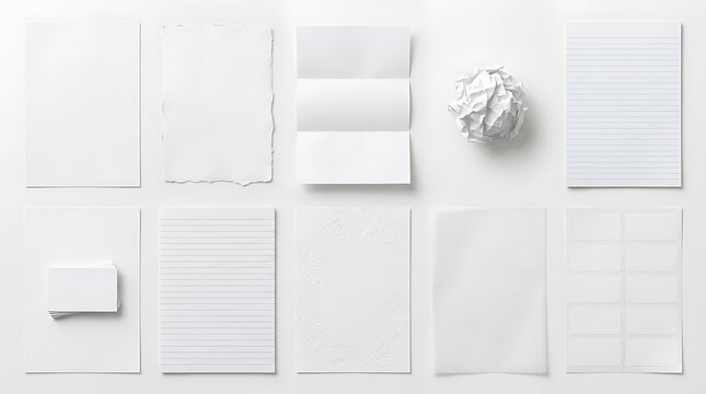 Collection of Various White Paper Sheets and Textures on White