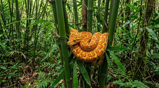 Bright yellow python curled around bamboo in a lush green forest