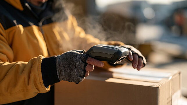 Weathered close-up hands of a warehouse picker operating a barcode scanner in early morning mist, scanning a holiday shipment box on a cold loading dock ramp, breath vapor