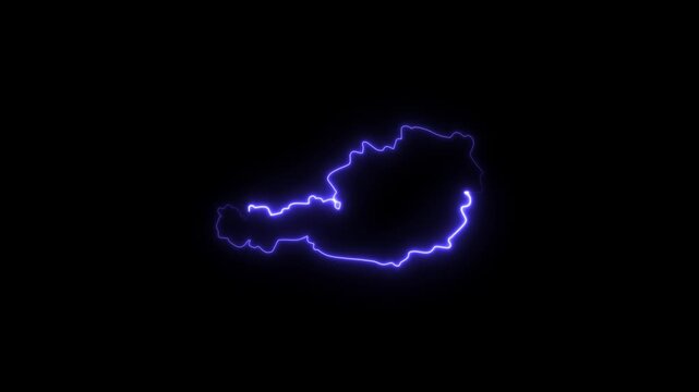 Glowing neon outline map of austria, pulsing electric blue border animation