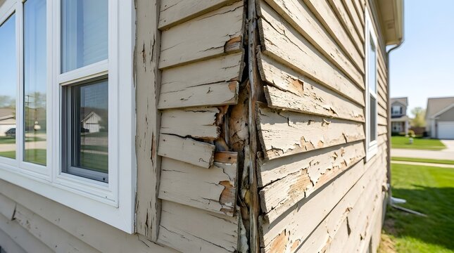 Severe damage on wooden house siding with peeling paint and rotting planks requiring home repair