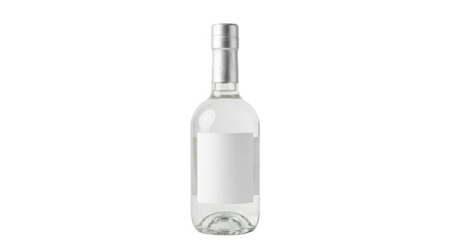 Clear glass liquor bottle with blank label on a transparent background PNG file