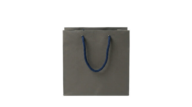 Grey paper shopping bag with rope handles on a transparent background PNG image