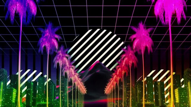 Surreal rainbow palm tree avenue leading through a neon futuristic city with glowing grids and geometric striped shapes in a retro synthwave style.