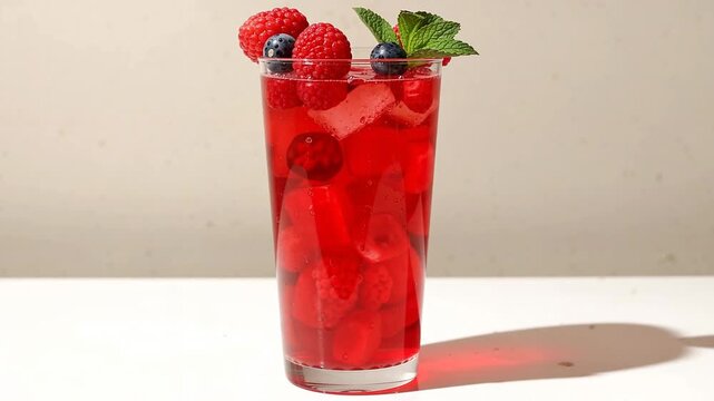 Refreshing red beverage in a glass filled with raspberries, blueberries, and ice cubes garnished with mint leaves