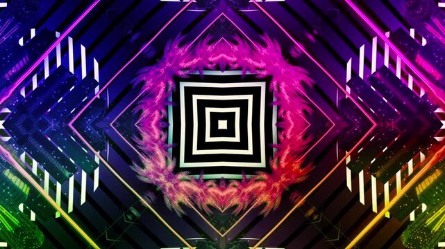 Hypnotic rainbow geometric tunnel surrounded by colorful palm trees, mirrored city elements and bold retro futuristic patterns in a psychedelic synthwave style.