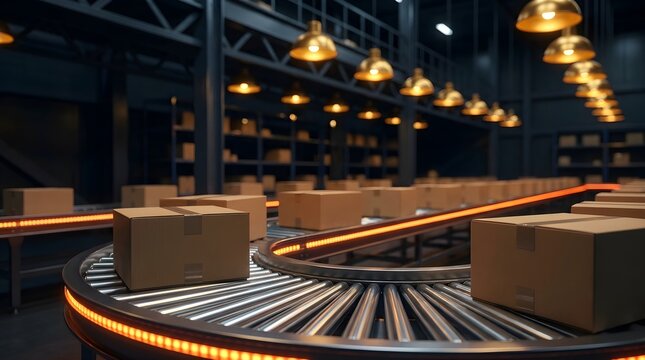 Modern Logistics Center with Cardboard Boxes Moving on Automated Roller Conveyor Belt in Warehouse