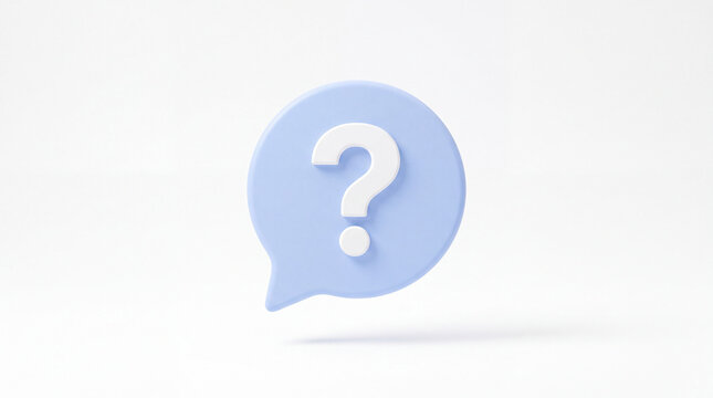 A 3D rendered blue speech bubble with a white question mark on a clean white background