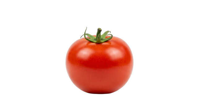 Single ripe red tomato with green stem on a transparent background PNG file