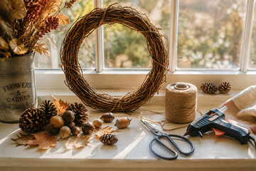 Window ledge still life with grapevine wreath, pinecones, acorns, jute twine, scissors and glue gun, autumn craft and DIY decor concept. © Boxiang
