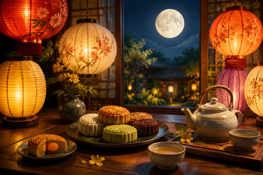 Assorted mooncakes and tea set with glowing paper lanterns, Mid-Autumn Festival celebration concept.