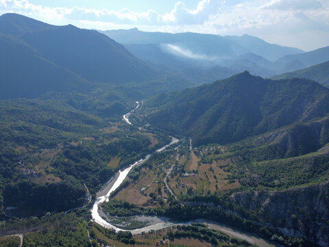 Aerial view of Neretva river canyon in Bosnia and Herzegovina. Drone shot of scenic Neretva river gorge from above.