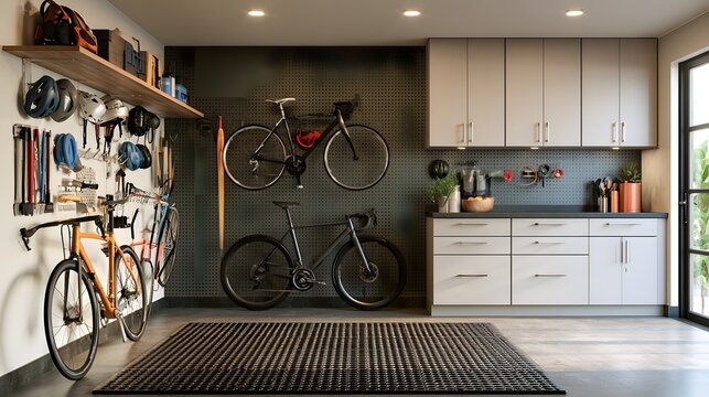 luxury home garage featuring organized wall mounted sports equipment storage bicycles helmets cabinets and sleek modern interior realistic lifestyle photography