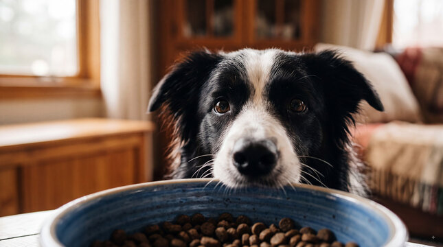 A black and white dog is sitting at a table with a bowl of food in front of it, looking directly at the camera with a curious expression.