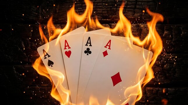 Four aces playing cards burning in hot yellow and orange flames.