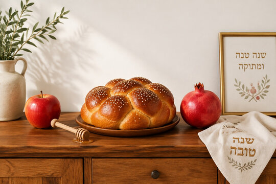 Apple, honey dipper, round challah bread and pomegranate on sideboard, New Year table styling concept