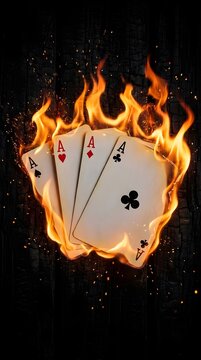 Four flaming ace playing cards against dark black background.