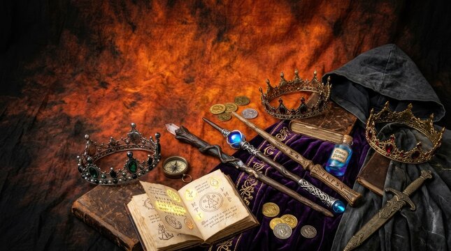 A regal wizard displays a collection of magical artifacts on a richly textured, dark surface. He wears a hooded robe and holds a wand with a blue crystal.