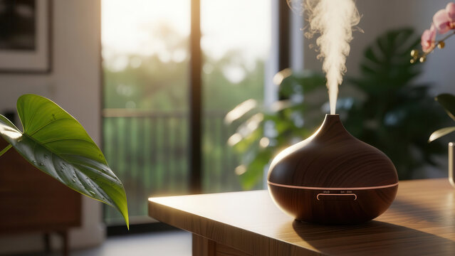 Elegant wooden aroma diffuser creating steam on a table in a sunlit living room. Concept of freshness and calm
