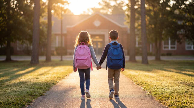 Two children walking hand in hand to school on a sunny day with backpacks on