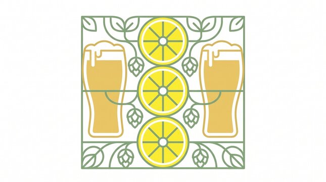 Craft beer and lemon illustration, two full glasses of light beer with foam, three yellow lemon slices, and green hop leaves, isolated on white background, for brewery branding or menu design