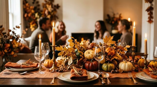 A warmly lit dining table is adorned with a lavish autumn-themed centerpiece. A couple and several other people are seated around the table, enjoying a meal.