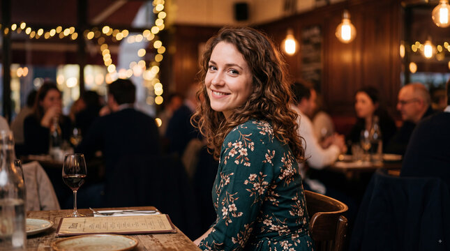 A smiling woman sitting at a restaurant table with a glass of wine and a menu in a cozy atmosphere with string lights and other diners in the background.