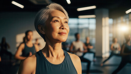 Fototapeta premium Serene senior Asian woman meditating in a bright yoga studio. Concept of wellness and inner peace