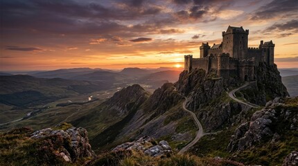 Obraz premium A majestic castle sits atop a rugged mountain peak during a stunning sunset. The castle, a historic stone structure, is illuminated by the warm, golden light of the setting sun.