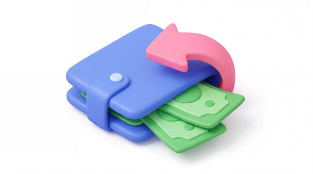 A 3D illustration of a blue wallet with green bills and a pink arrow on a white background