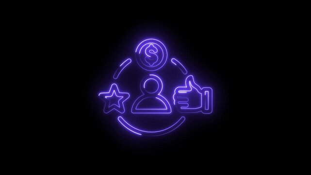 Customer loyalty rewards program success glowing neon icon with star thumbs up dollar coin and