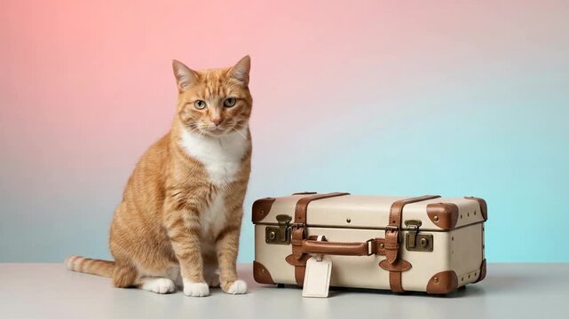 A playful ginger cat sitting beside a vintage suitcase with a colorful background