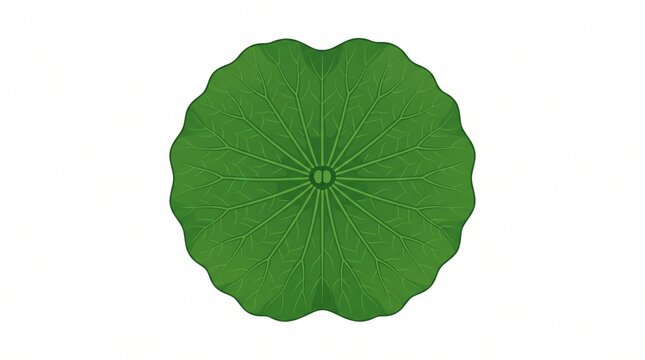 Vector icon of a round green lotus leaf with radial veins and scalloped edges. Clean design on white background. Symbol for nature, calm, and purity.