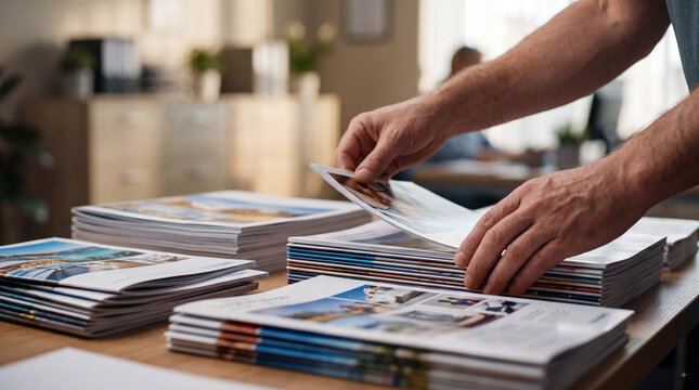 A person organizing stacks of printed materials in an office setting