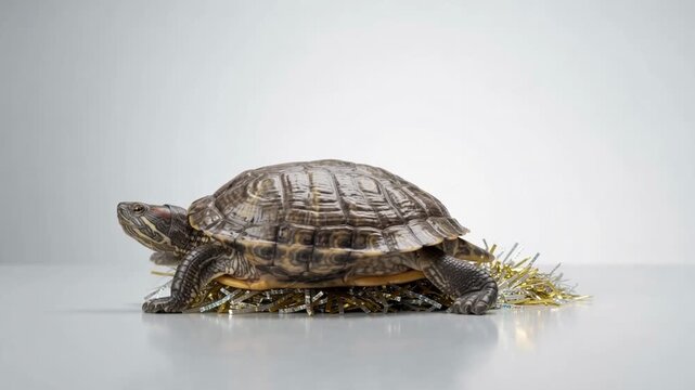A turtle resting on a bed of colorful tinsel against a soft grey background, showcasing its distinct shell patterns