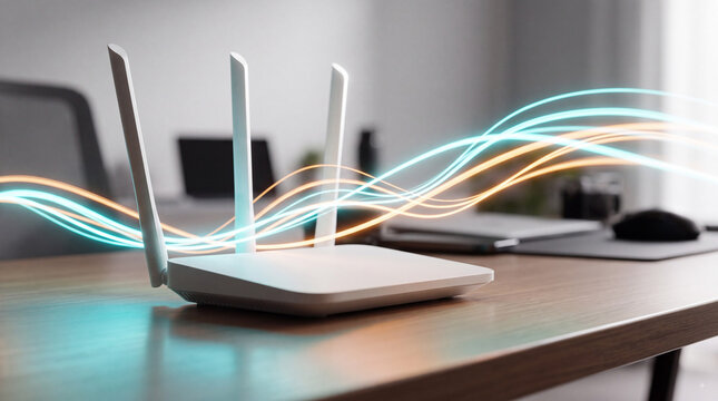 A white WiFi router with three antennas on a wooden desk in a modern office space with glowing blue and orange lines representing internet connectivity