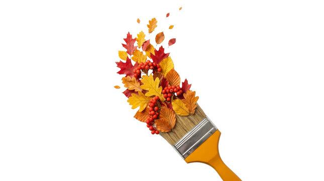 Artistic paintbrush painting with fall leaves and berries on png background object