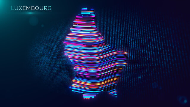 Futuristic Luxembourg map illustration with vibrant glowing flowing lines, 3D extruded surface, digital particle grid, cinematic light effects, and Luxembourg text on a technology themed background.