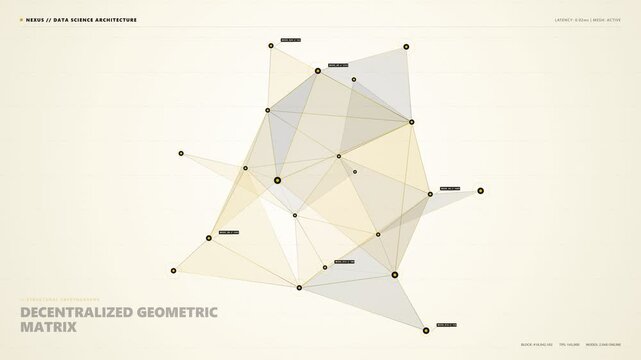 Clean white background HUD graphic displaying a rotating 3D geometric matrix of connected nodes, showcasing futuristic data science architecture, quantum plexus network, and digital topology.