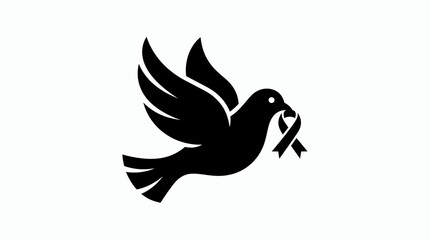 Fototapeta premium Black silhouette of a flying dove holding a ribbon in its beak, symbolizing peace, hope, and remembrance.