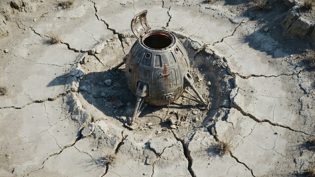 Small futuristic spacecraft crash site on cracked dry earth surface with debris