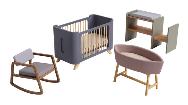 Modern nursery furniture set with wooden crib, rocking chair, bassinet and changing table. Scandinavian baby room interior elements in muted tones. isolated PNG with Transparent Background